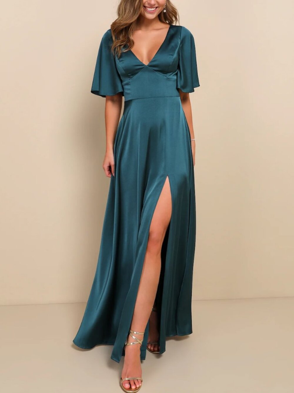 Elegant Confidence Teal Satin Flutter Sleeve Cutout Maxi Dress from Lulus